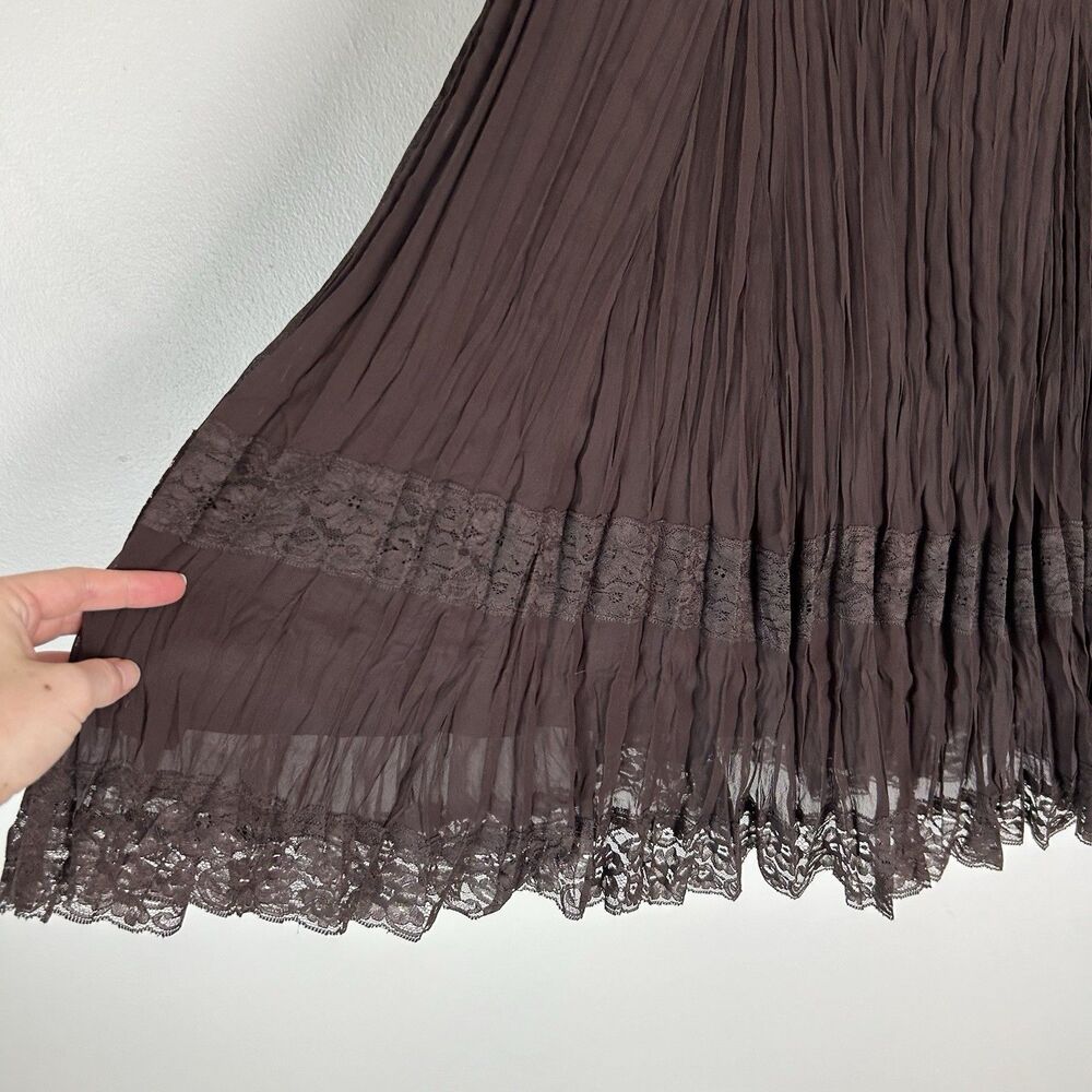 Size L Brown Fairy Grunge Skirt Midi Lace Hem Crinkle Crepe Pleated Chocolate - Picture 2 of 5